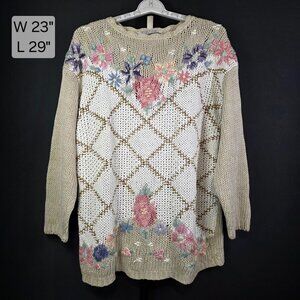 Vintage Huntington Ridge Sweater XL Hand Knit Floral Embroidered 90s Chunky Cott